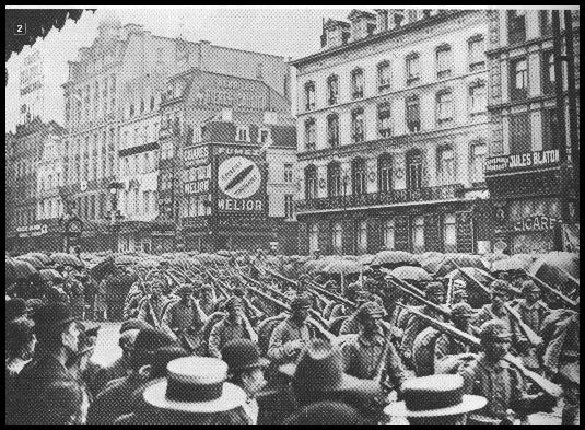 German troops march along the Rue Royals in Brussels
