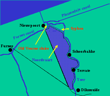 The area flooded by opening the sluices at Nieuport